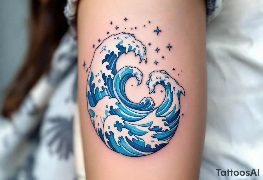 A stylized spiral composed of blue waves and white foam, capturing the movement of the ocean. tattoo idea