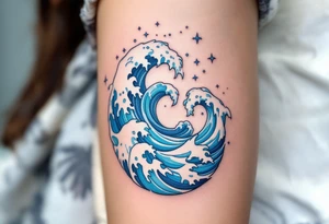 A stylized spiral composed of blue waves and white foam, capturing the movement of the ocean. tattoo idea