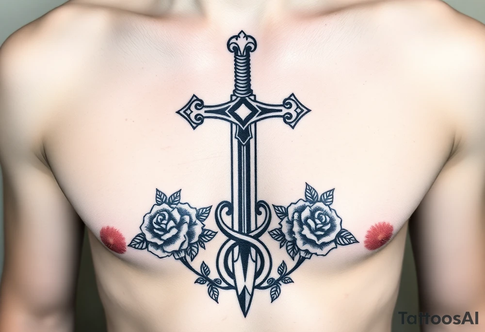 A gothic cross with a sword tip on the bottom going through an infinity sign and has roses and vines growing around tattoo idea