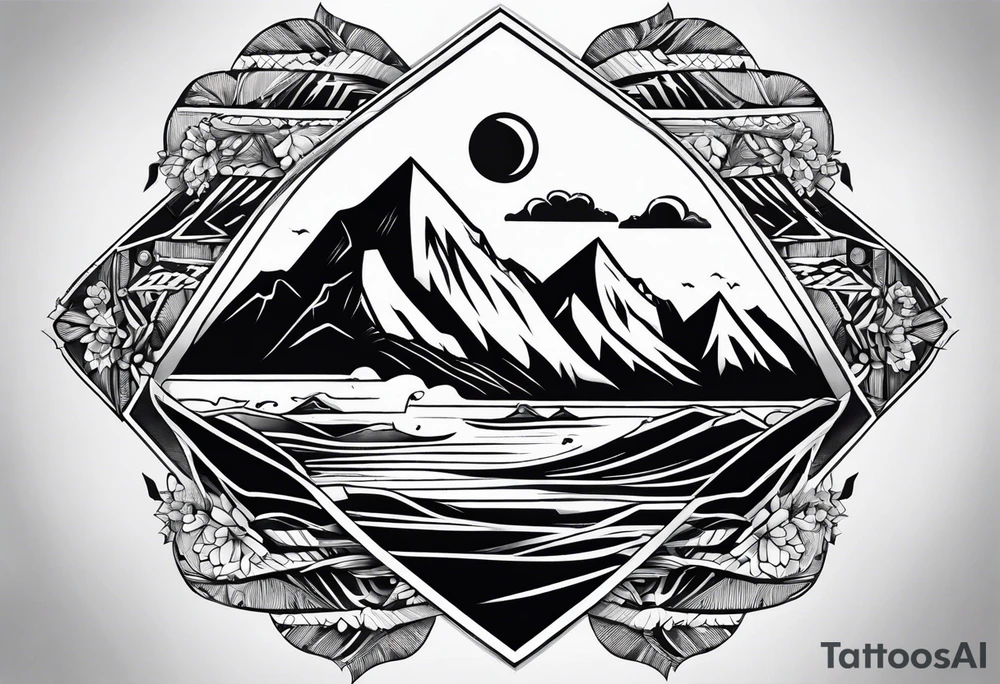 Mountains and ocean waves diamond shape tattoo idea