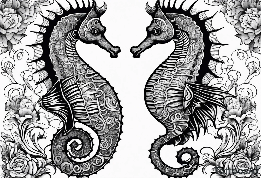 seahorse on white background, black and white tattoo idea