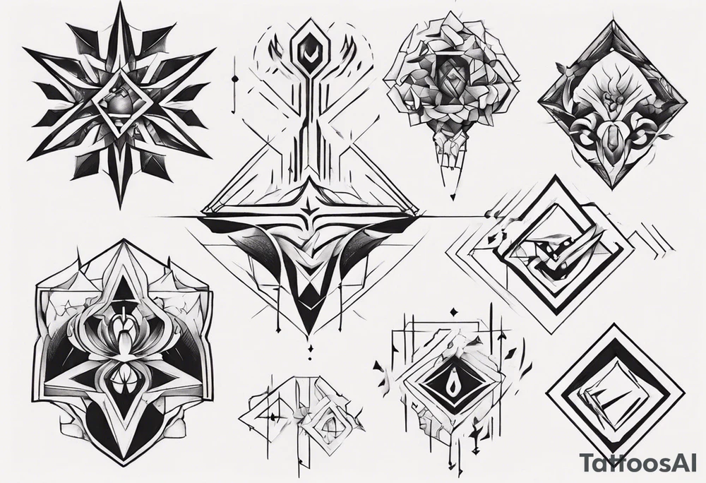 I'm looking for a geometric or abstract tattoo design to cover my existing chest tattoo. Use bold lines and unique shapes to create a visually appealing and modern look tattoo idea