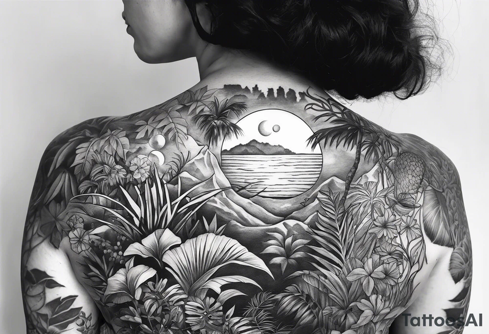 full sleeve tattoo, jungle plants, ocean, moon tattoo idea