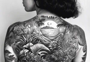 full sleeve tattoo, jungle plants, ocean, moon tattoo idea