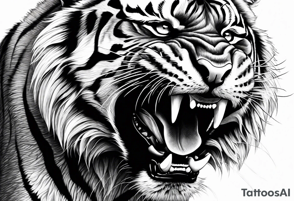 Photo Realism, highly detailed, Fierce tiger roaring tattoo idea