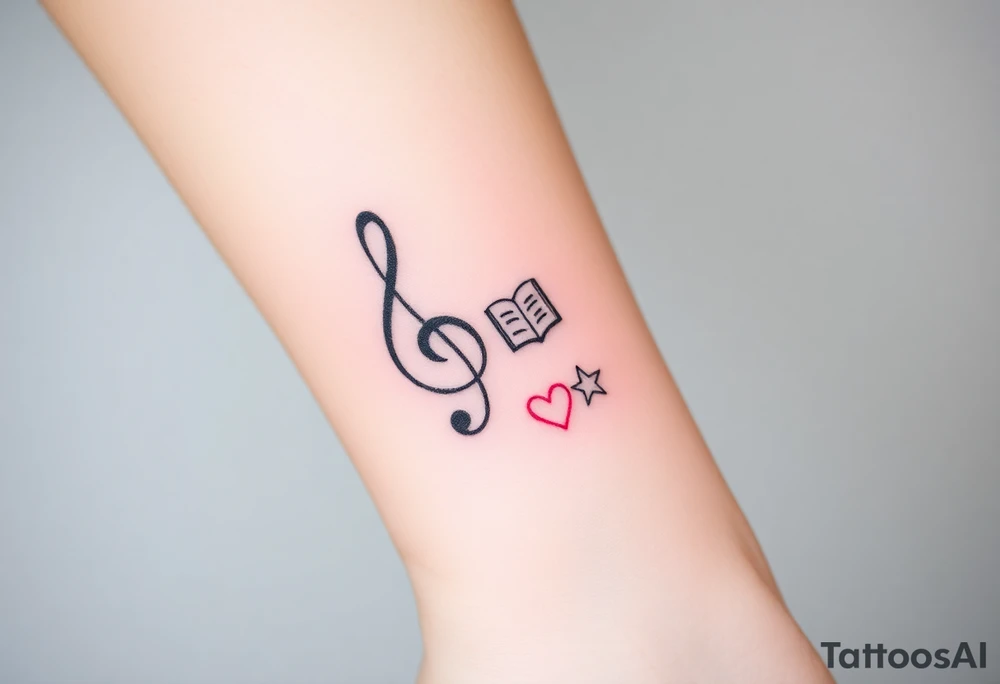 A swirl containing the Treble clef, Bass clef, book, dog paw, star, psyduck, heart tattoo idea