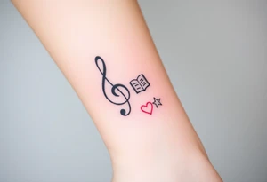 A swirl containing the Treble clef, Bass clef, book, dog paw, star, psyduck, heart tattoo idea