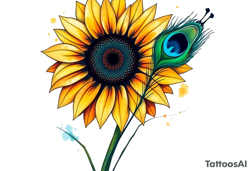 Sunflower with stem and peacock feather tattoo idea