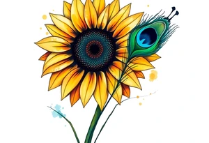 Sunflower with stem and peacock feather tattoo idea