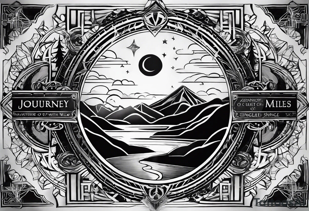 A tattoo featuring a meaningful quote about life's journey, such as "The journey of a thousand miles begins with a single step," accompanied by celestial elements to emphasize the cosmic nature of your path. tattoo idea