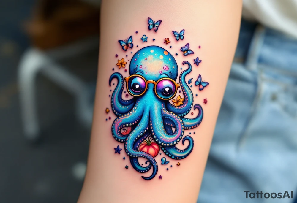 cute octopus, wearing glasses, friendly, surrounded by butterflies and oceanic items tattoo idea