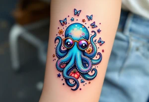 cute octopus, wearing glasses, friendly, surrounded by butterflies and oceanic items tattoo idea