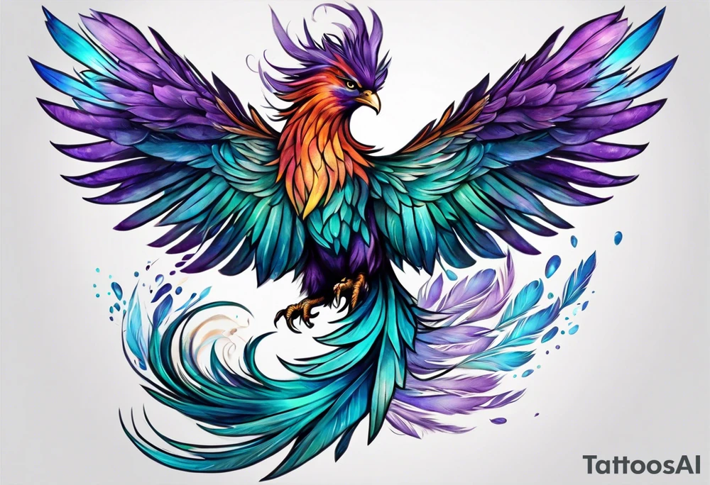 Phoenix on hip down into thigh with feathers that have teal purple and blue with quote "from the Ashes I rise" long tail featgers tattoo idea