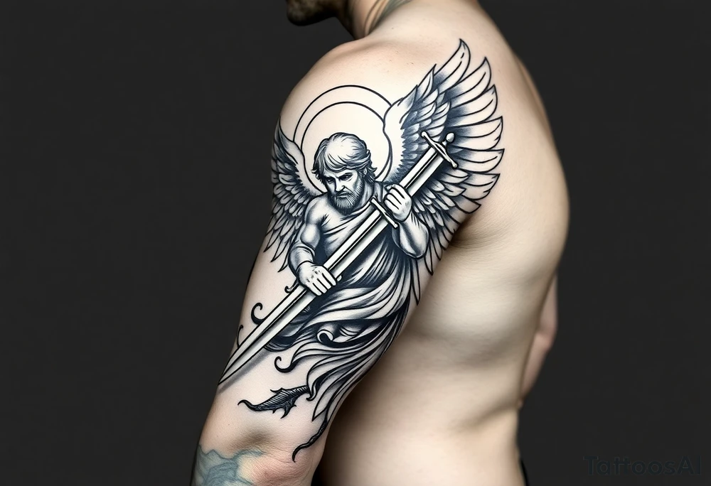 Powerful archangel with a sword, holy, archangel michael tattoo idea