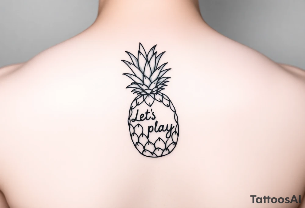 A black ink wrist tattoo featuring a realistic yet minimalistic pineapple. The pineapple is finely detailed with clean, precise lines, capturing the natural texture of the fruit while keeping the design subtle and uncluttered. Inside the body of the pineapple, the phrase "Let's play" is clearly placed in a bold but not overly thick font, ensuring readability while maintaining balance with the overall design. The leaves of the pineapple have a fine-line style with slight variations in thickness for a natural feel. The tattoo blends fine details with subtle bold elements, creating a clean and modern aesthetic. tattoo idea