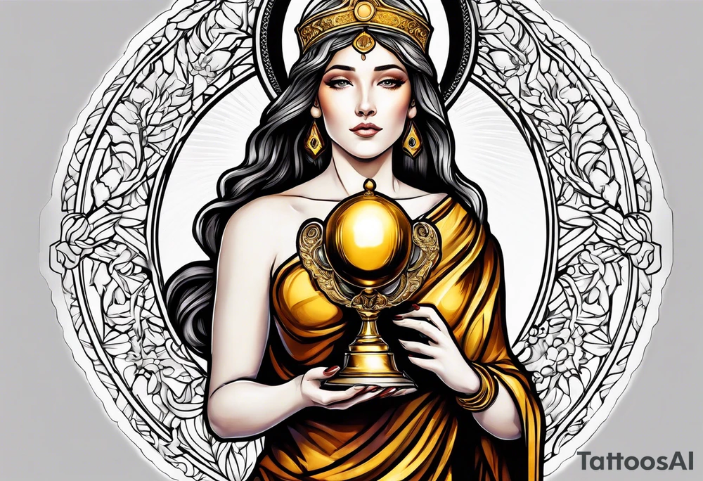 holy saint woman with golden halo holding a chalice tattoo idea