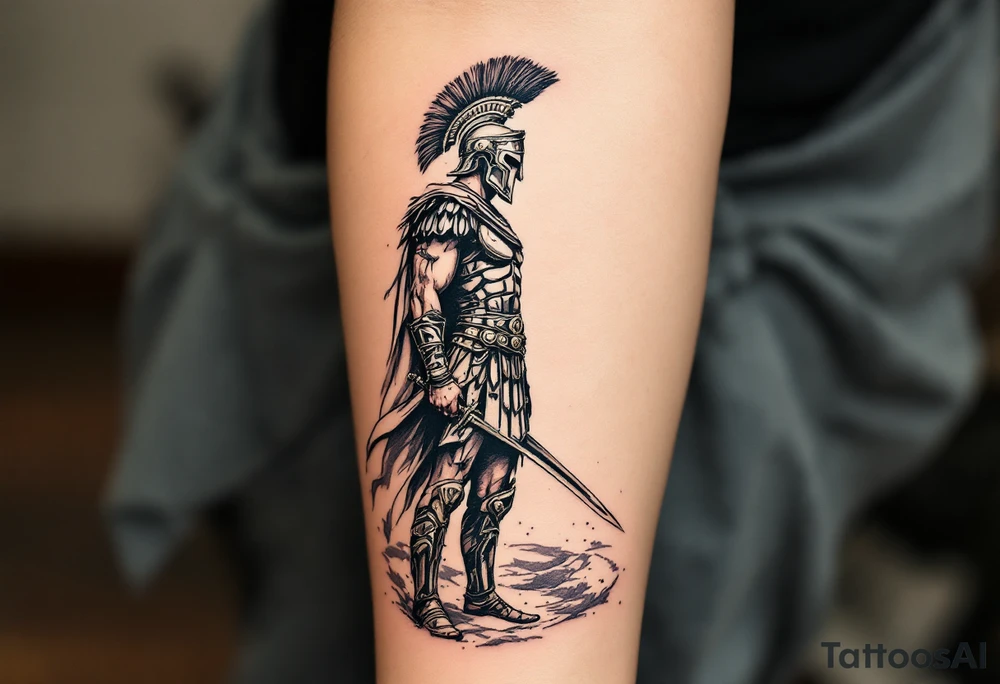 gladiator standing colosseum interior combat sword helmet cape sand wind eagle legion tattoo idea