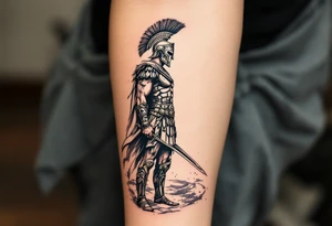 gladiator standing colosseum interior combat sword helmet cape sand wind eagle legion tattoo idea