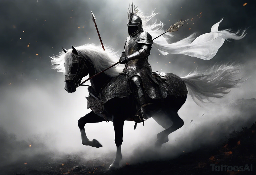 Dark art of the first horseman of the apocalypse. Wearing iron armor with a crown-shaped helmet, carrying a bow and arrows in one hand, he rides a white horse that is strong and slender, wearing shiny ornaments on his face. It is not possible to see the horseman's face, which is obscured by the darkness and fog in the image. It is important that the horseman is facing the image. tattoo idea