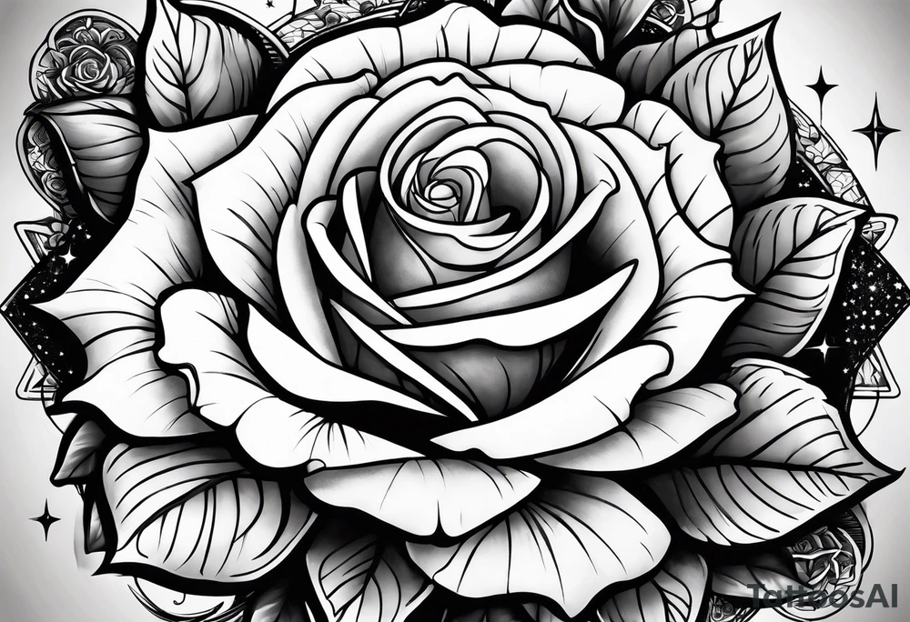 Tesseract with big roses and small stars tattoo idea