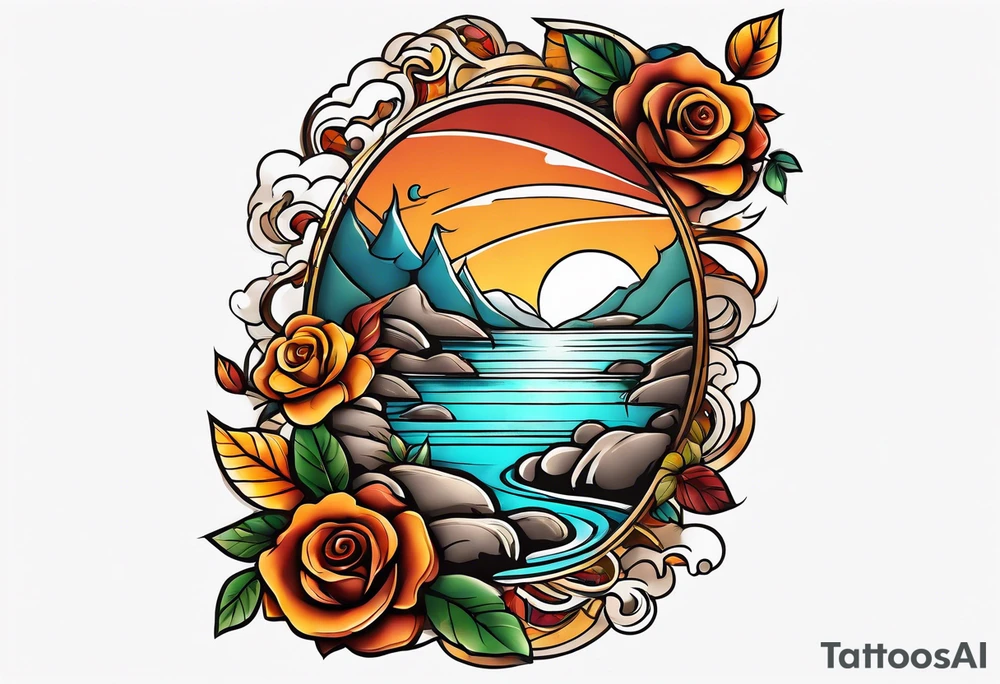 thigh tattoo in fall colors, showing water flow, rocks, sky, clouds, leaves, roses tattoo idea