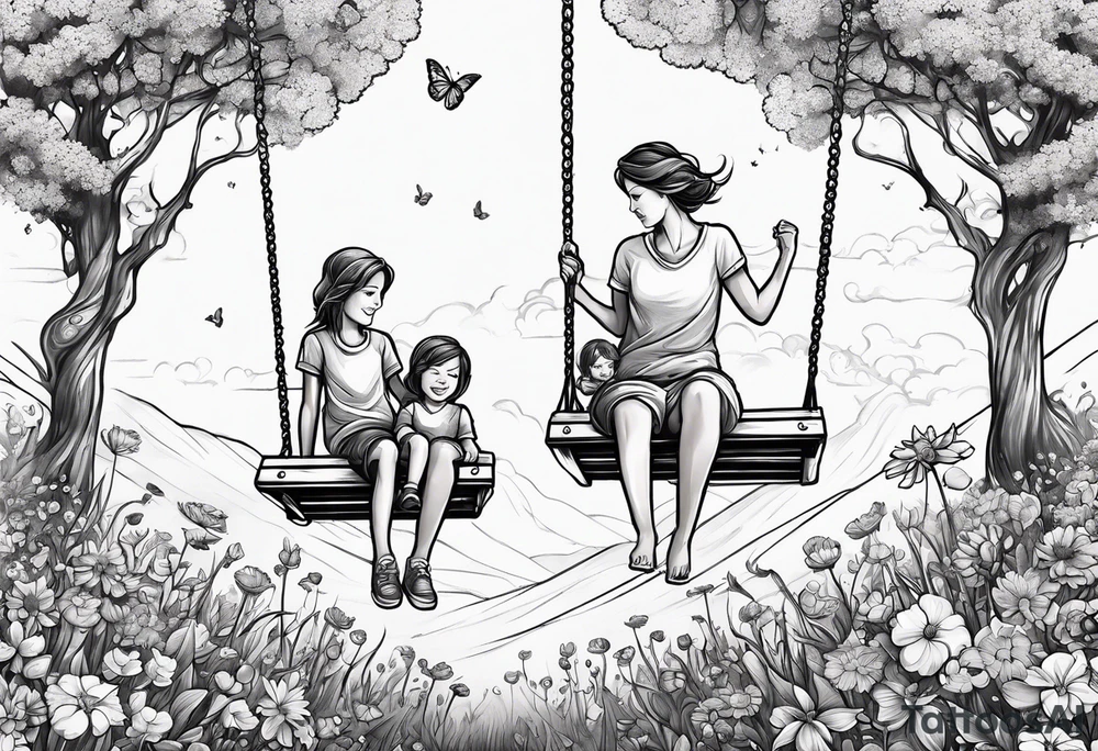 Mom with son and daughter on a swing in the distance in a field of flowers tattoo idea