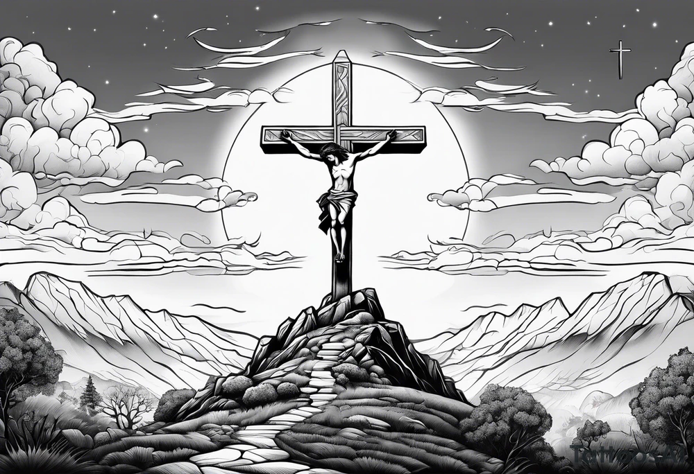 3 people crucified on a hill facing west tattoo idea
