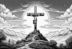3 people crucified on a hill facing west tattoo idea