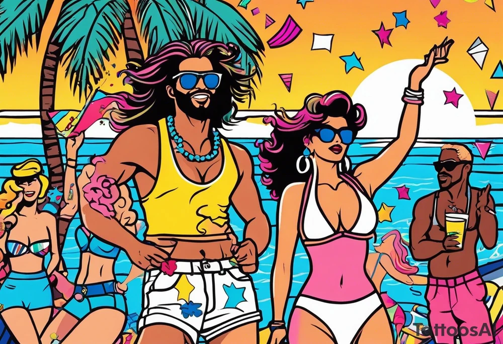 1980's miami vice style beach dance 
party, include confetti, music notes, boom box, bikinis sunset in the center tattoo idea