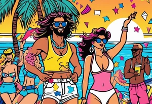 1980's miami vice style beach dance 
party, include confetti, music notes, boom box, bikinis sunset in the center tattoo idea