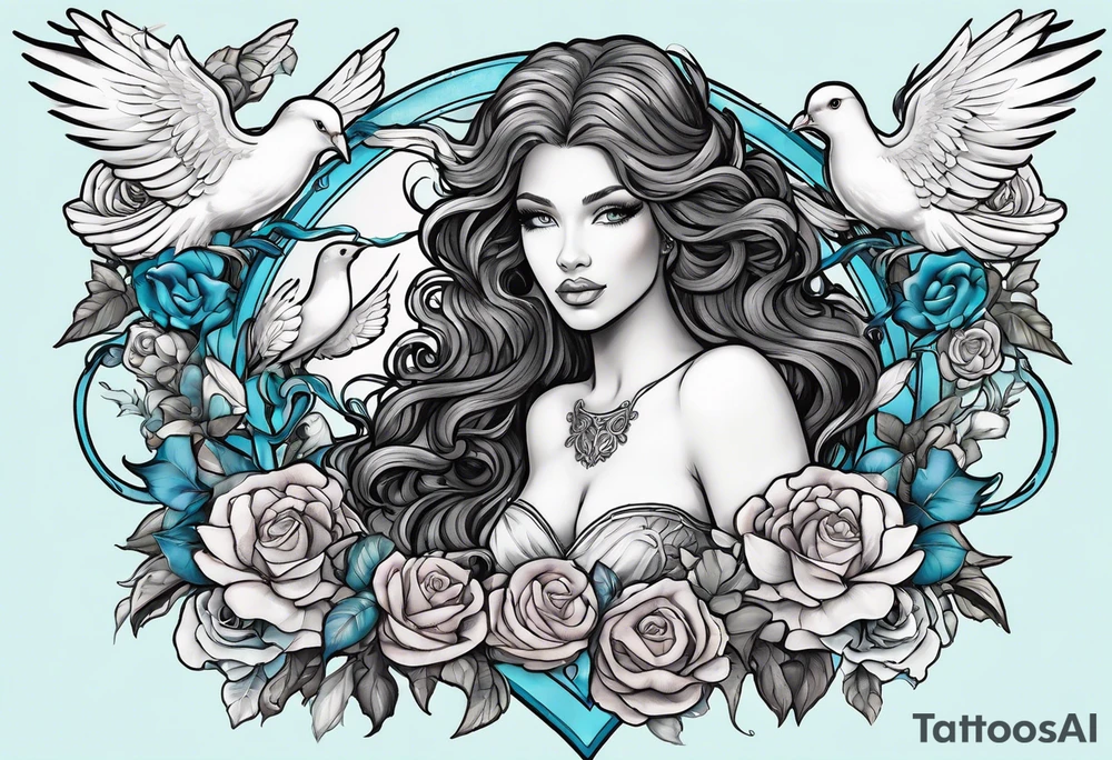 Black skin Aphrodite with auburn hair and ocean-blue eyes surrounded with doves and poison ivy sitting on a heart tattoo idea