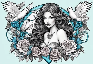 Black skin Aphrodite with auburn hair and ocean-blue eyes surrounded with doves and poison ivy sitting on a heart tattoo idea