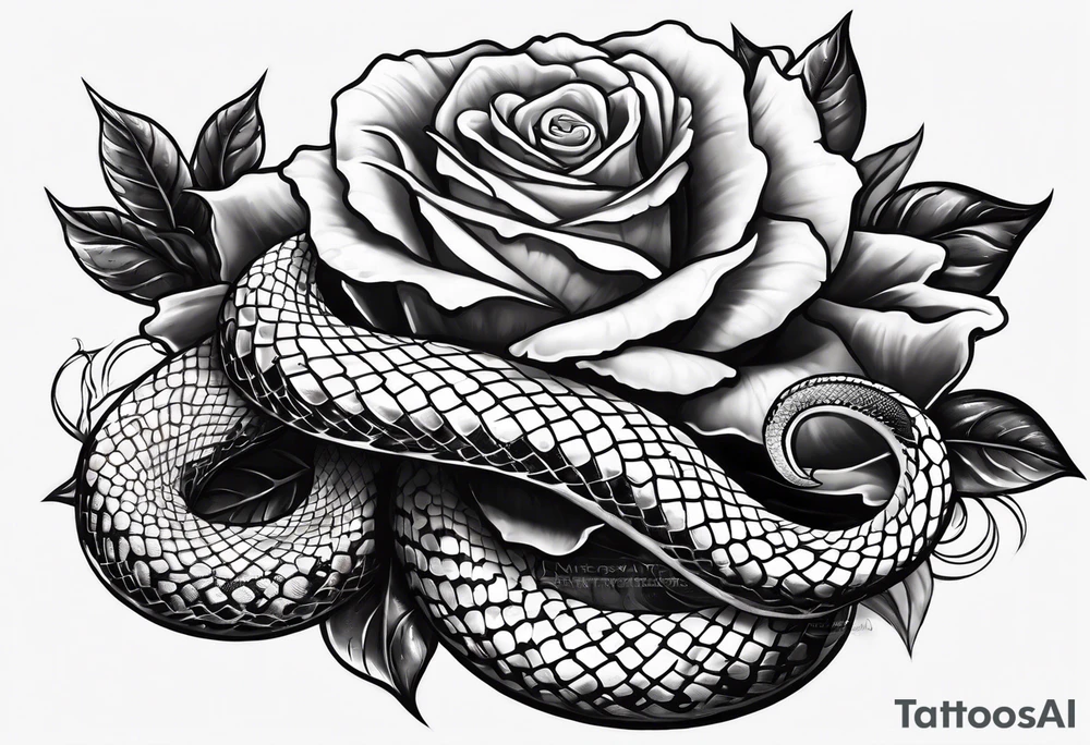 Serpent snake around the stem on a rose showing the stem and thorns tattoo idea