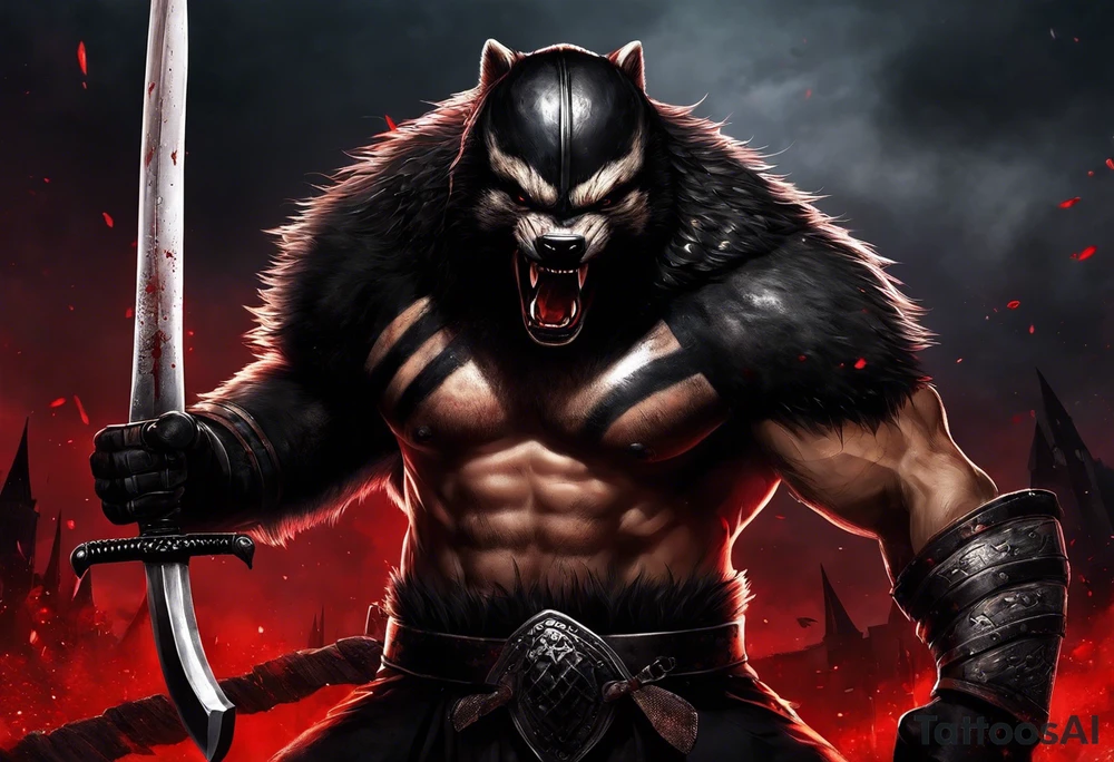 Draw me psychopath Fearless Honey Badger/Berserker with aggressive full body, killer face with a scary smile, very long nails and he attacks like a Bloody Assassin/Warrior/Gladiator to us and also, he has very deadly looking. He fights with his nails only. Everybody scares after their first sight. Give me horror type Badger Tattoo. I want to see his Realistic full body with no weapons. You can show destruction at the back. tattoo idea