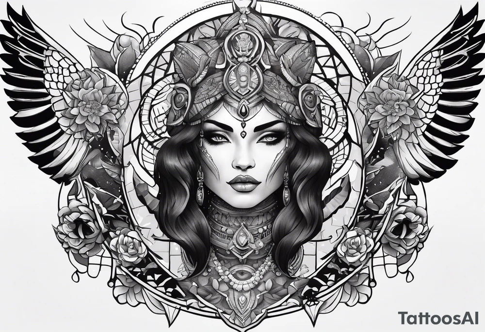 kali ma, alien goddess, valkrye, aries, pirate, divine feminine, zenza resonance, pachamama, lotus azul, blank panther, eagle, skull, 5D, nueva gaya, dna 12 tattoo idea