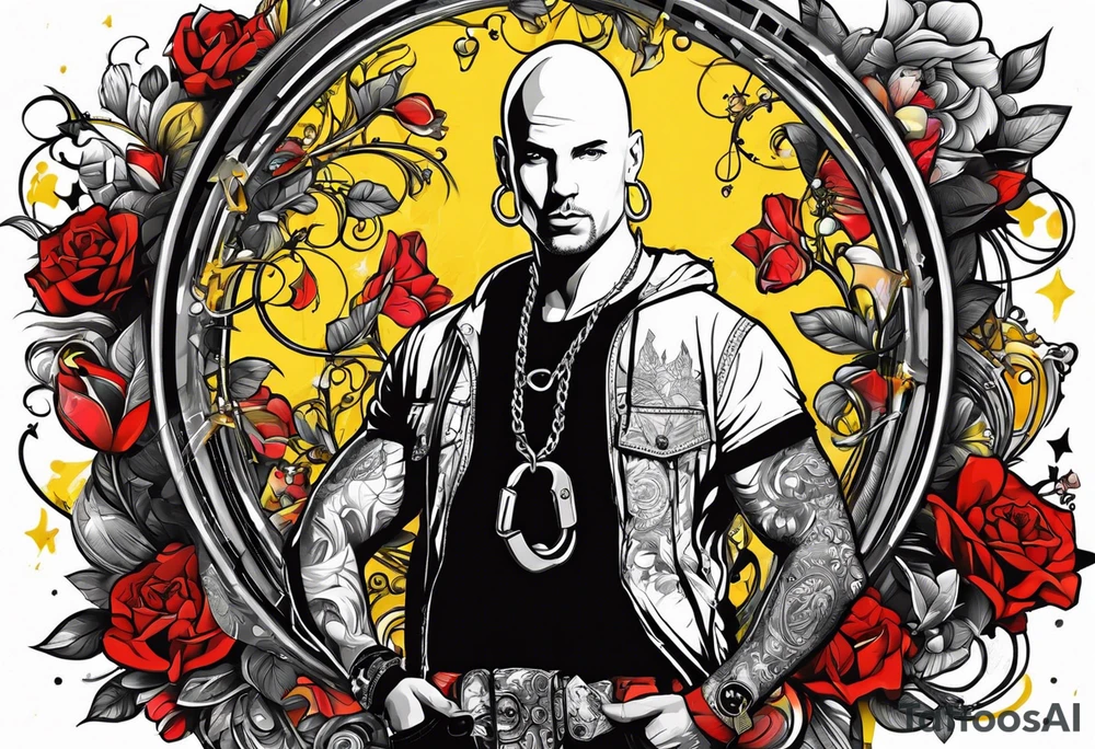 a bald german dj with handcuffs on ina bright yellwo short with red shoe boxesa around him tattoo idea