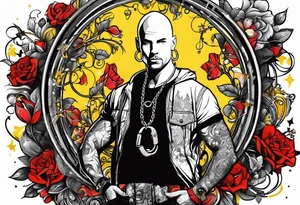a bald german dj with handcuffs on ina bright yellwo short with red shoe boxesa around him tattoo idea