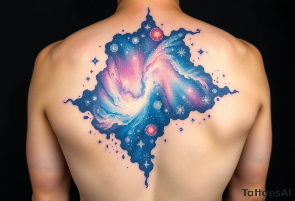 Beautiful and epic 3d milky way that appears to be what is beneath the skin. Make it drape over the shoulder and move to the middle back. use negative spaces to create stars and dust. Incorporate God breathing life into the universe. Keep it symmetrical tattoo idea
