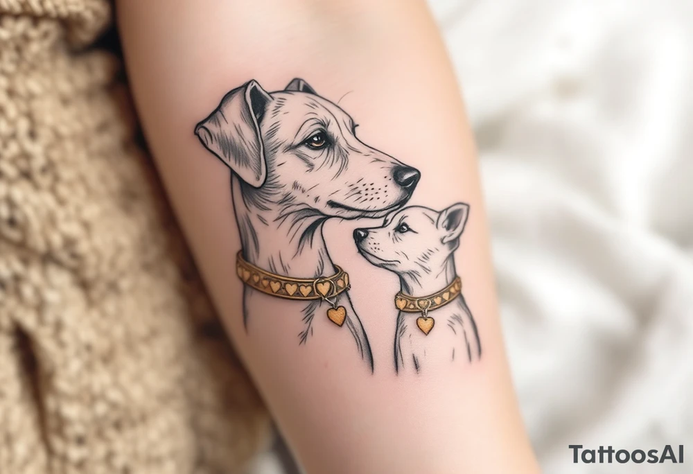 A mother dog and pup with matching heart-shaped collars in tan and gray symbolizes companionship and unconditional love. tattoo idea