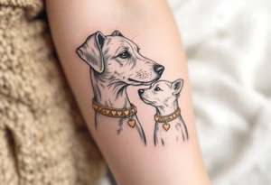 A mother dog and pup with matching heart-shaped collars in tan and gray symbolizes companionship and unconditional love. tattoo idea