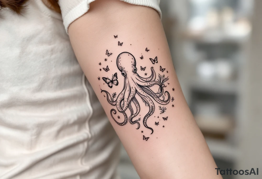 minimalist octopus, surrounded by butterflies and oceanic items, brown ink tattoo idea