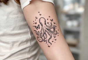 minimalist octopus, surrounded by butterflies and oceanic items, brown ink tattoo idea