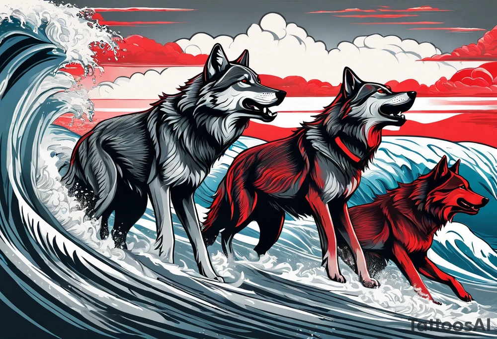 a pack of 3 howling muscular  gray wolves surfing waves with a linear background with red, white and black and gray tattoo idea