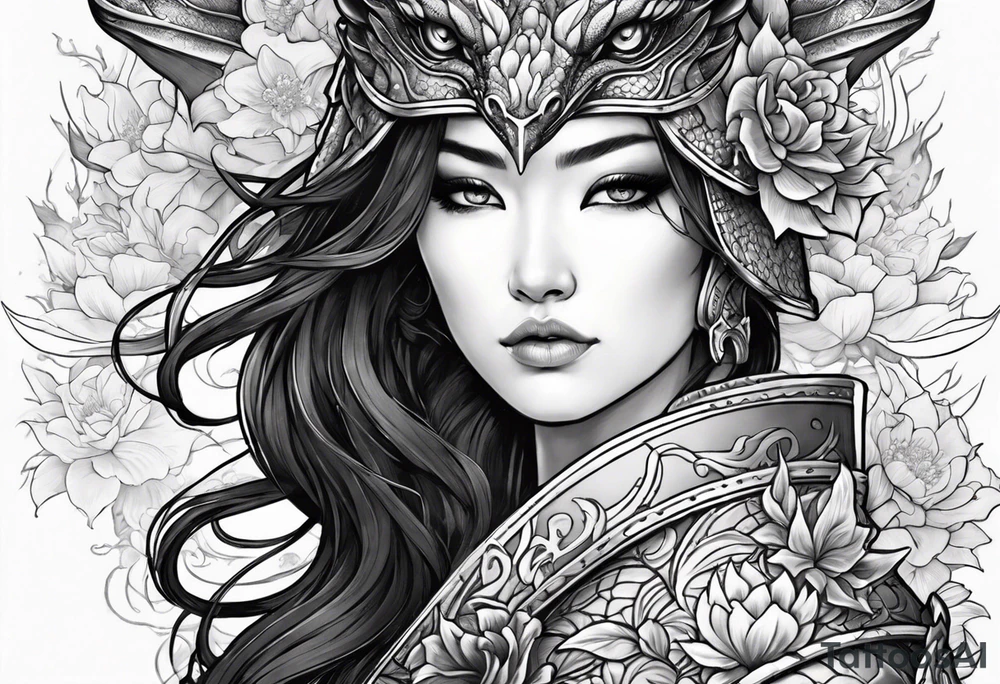 beautiful warrior woman wearing dragon armor and a floral background and a dragon a full picture tattoo idea