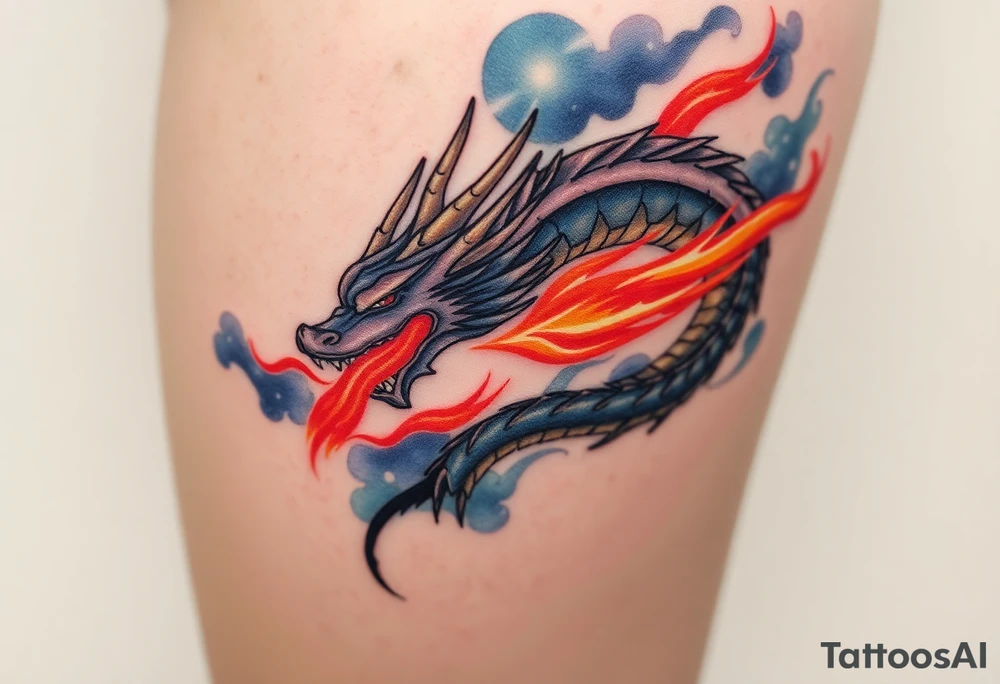 fierce dragon breathing iridescent fire against stormy skies tattoo idea