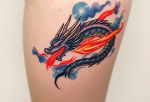 fierce dragon breathing iridescent fire against stormy skies tattoo idea