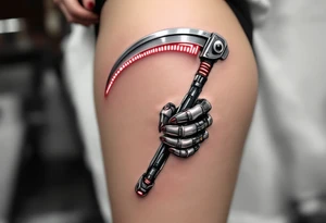 A chrome-plated robotic hand clutching a gleaming silver scythe with glowing red circuitry running up its fingers. tattoo idea