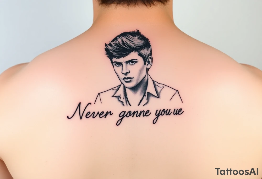 Rick Astley outline with text Never Gonna Give You Up tattoo idea