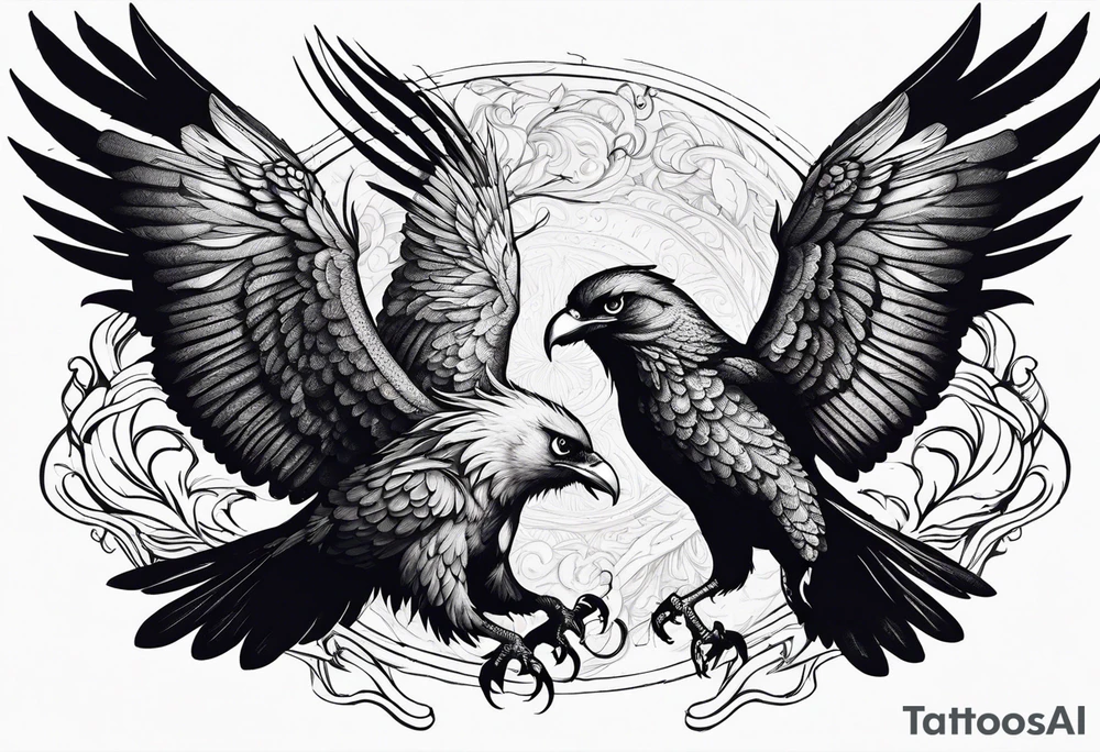 Pheonix and raven fighting with owl flying in at them tattoo idea