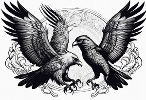 Pheonix and raven fighting with owl flying in at them tattoo idea